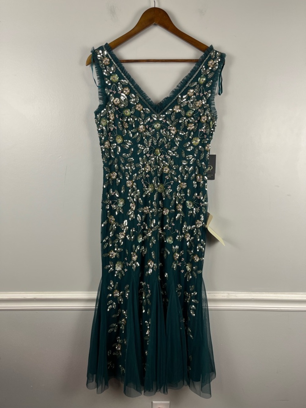 New Adrianna Papell Women's Embellished Ruffled Godet Dress green size 10 - Picture 2 of 10